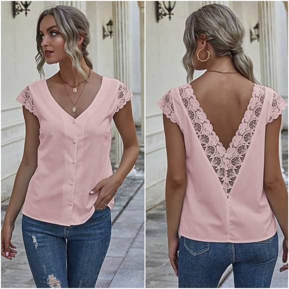 Black v neck button down lace low back detail top - Picture 4 of 14